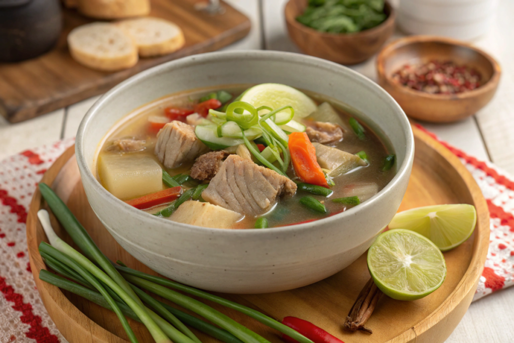 A bowl of sinigang with pork, vegetables, and tamarind