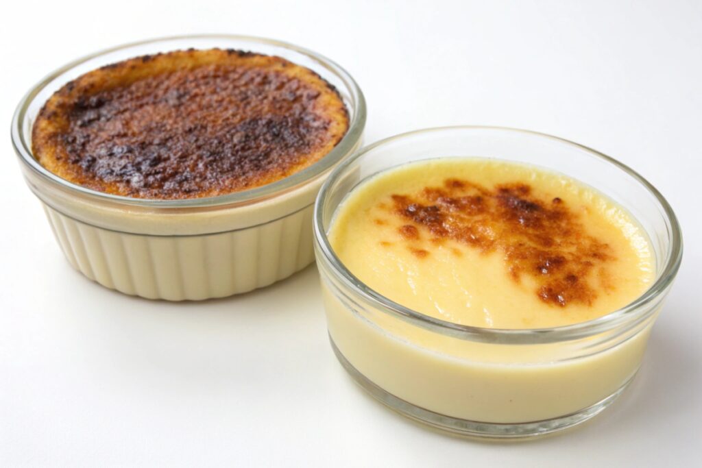 Alt Text: "A side-by-side comparison of crème brûlée and custard in ramekins."
