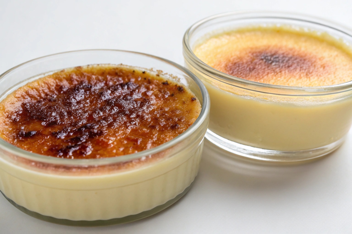 A side-by-side comparison of crème brûlée and custard in ramekins.