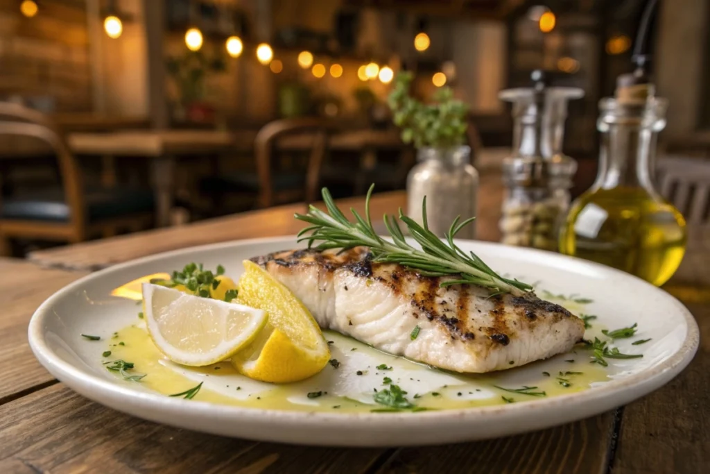 Grilled rockfish fillet garnished with fresh herbs and lemon wedges.