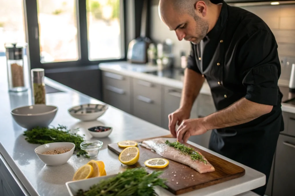 Chef marinating rockfish fillet with garlic and herbs.