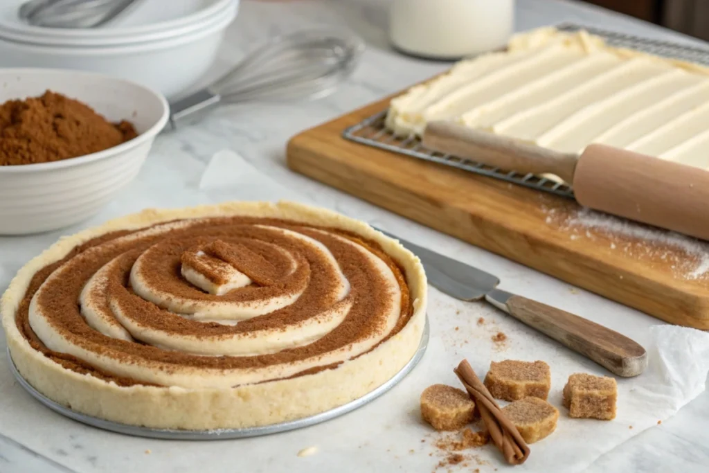 Churro cheesecake assembly process on a countertop.