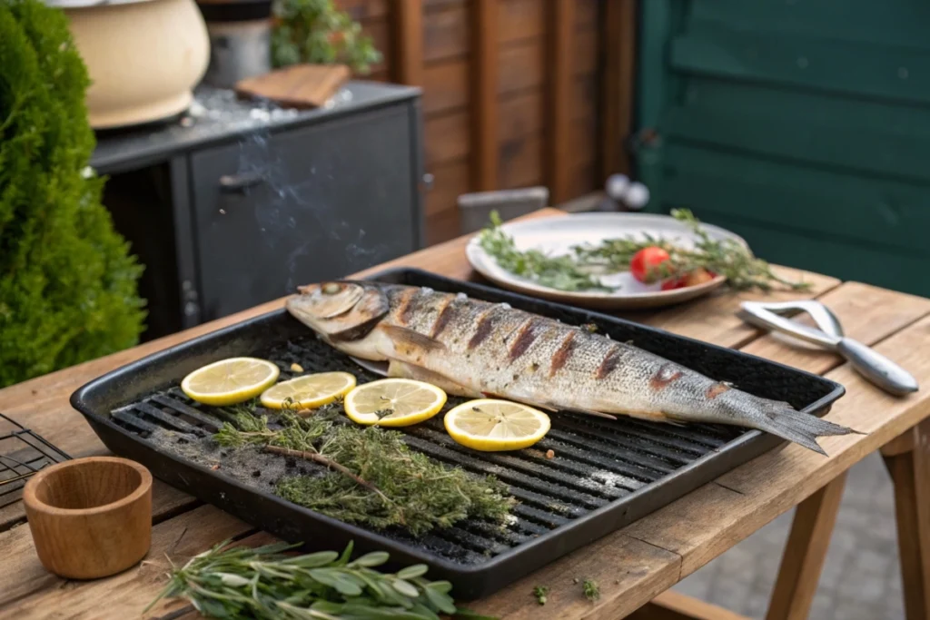 Grilled branzino with lemon on a barbecue.