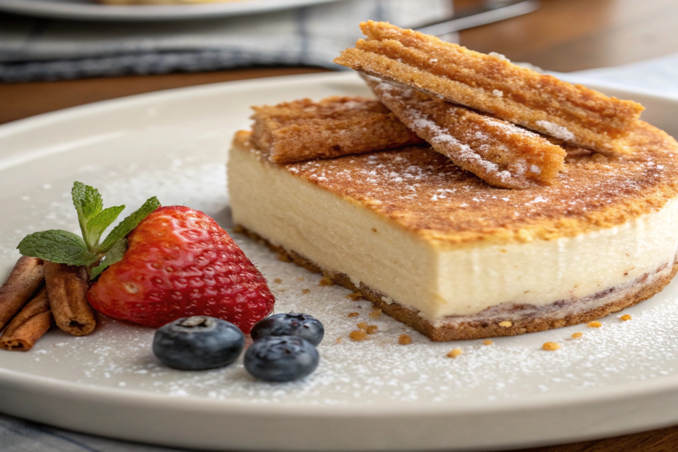 Churro cheesecake topped with cinnamon sugar