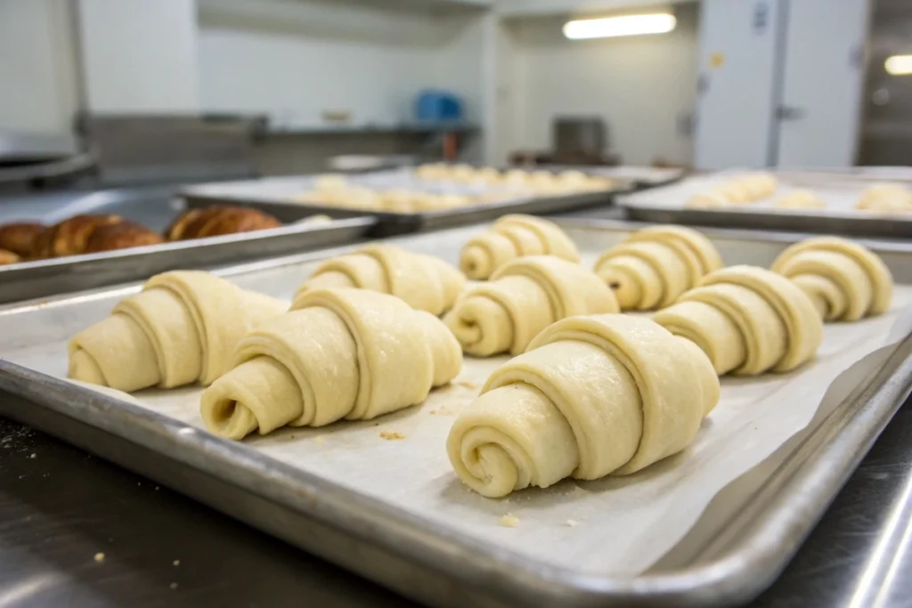 Proofing croissants on a tray, ready for baking.