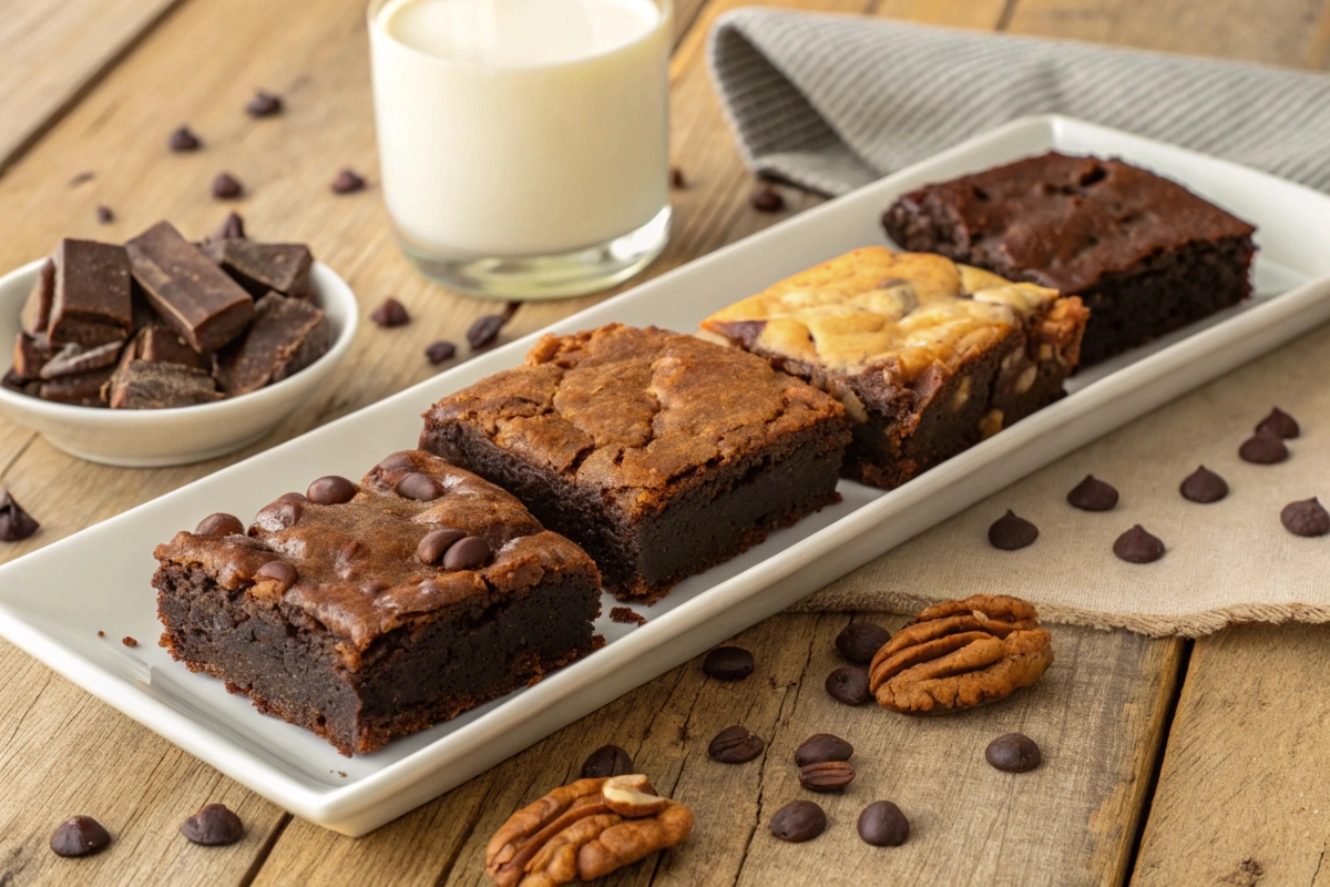 Three types of brownies on a wooden platter with milk and toppings.