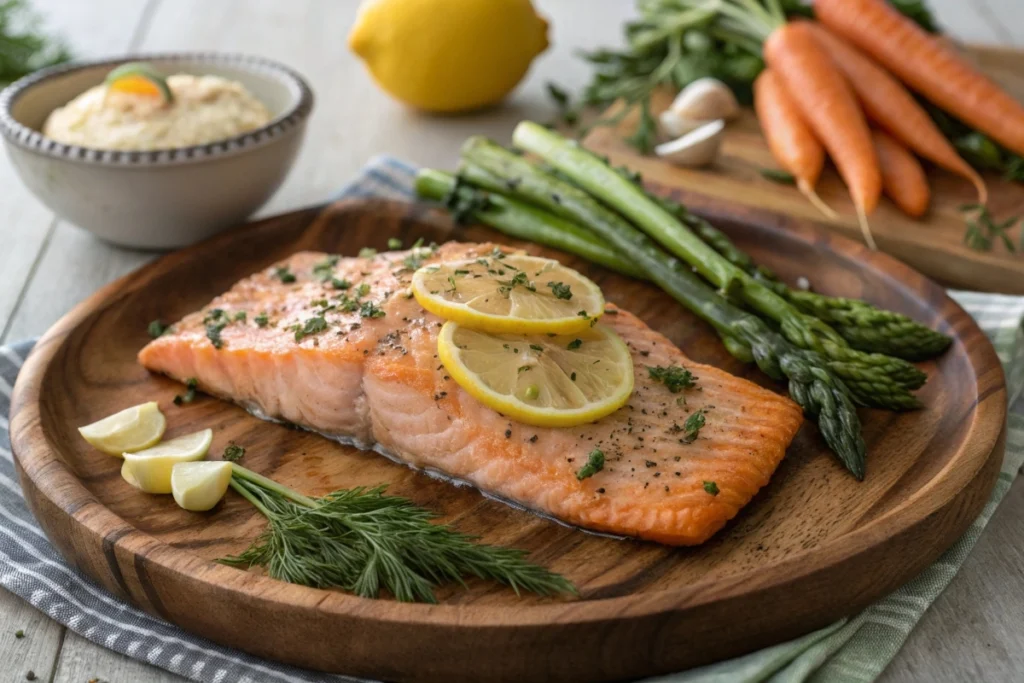 Perfectly cooked steelhead trout fillet garnished with herbs and lemon slices.