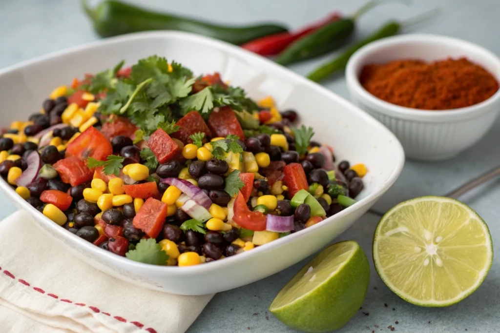 Black bean and corn salad with bell peppers and cilantro in a white bowl.