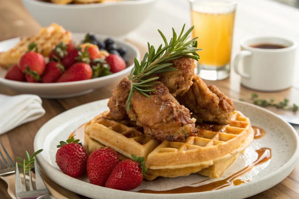 Chicken and waffles with rosemary syrup and fresh fruit.