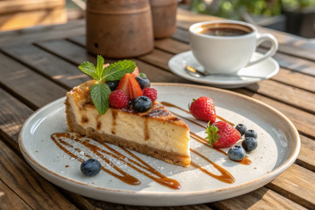 Churro cheesecake slice served with berries and coffee