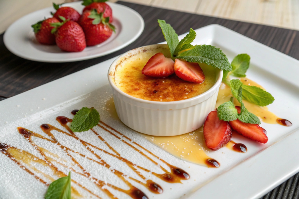 Crème brûlée served with fresh berries	