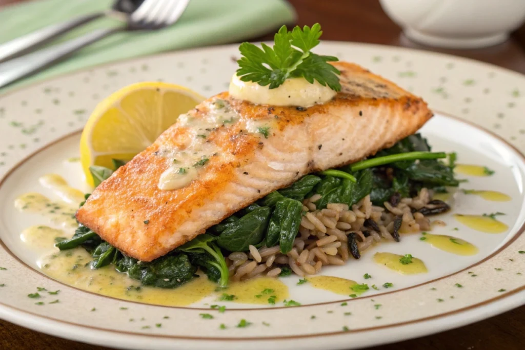 Grilled steelhead trout with spinach and rice.