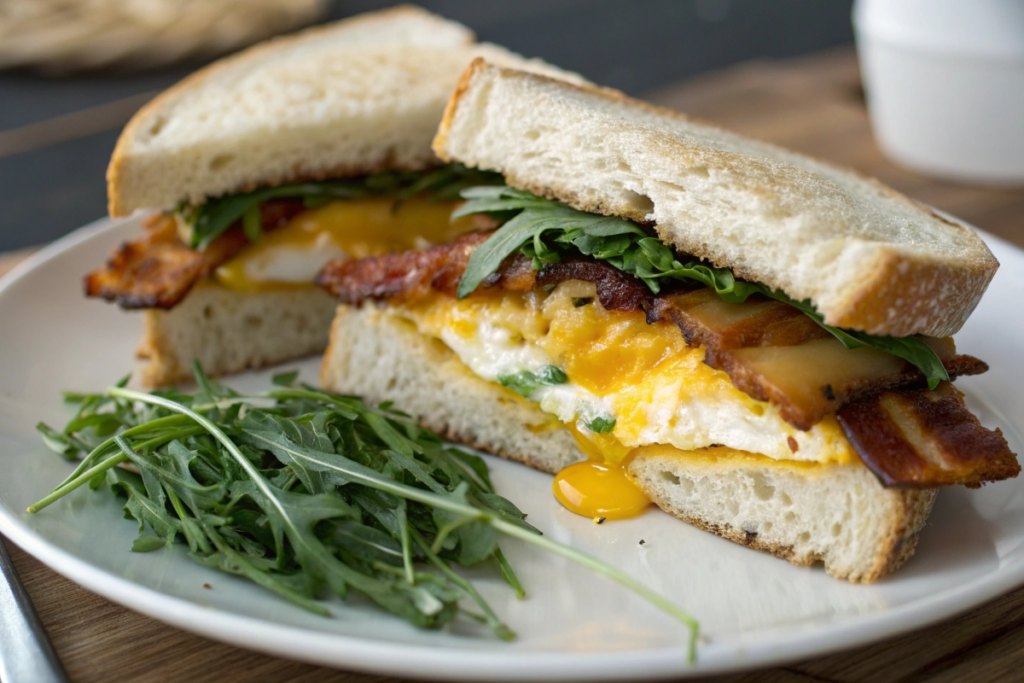 Plated Loaded Breakfast Sandwich with garnish	