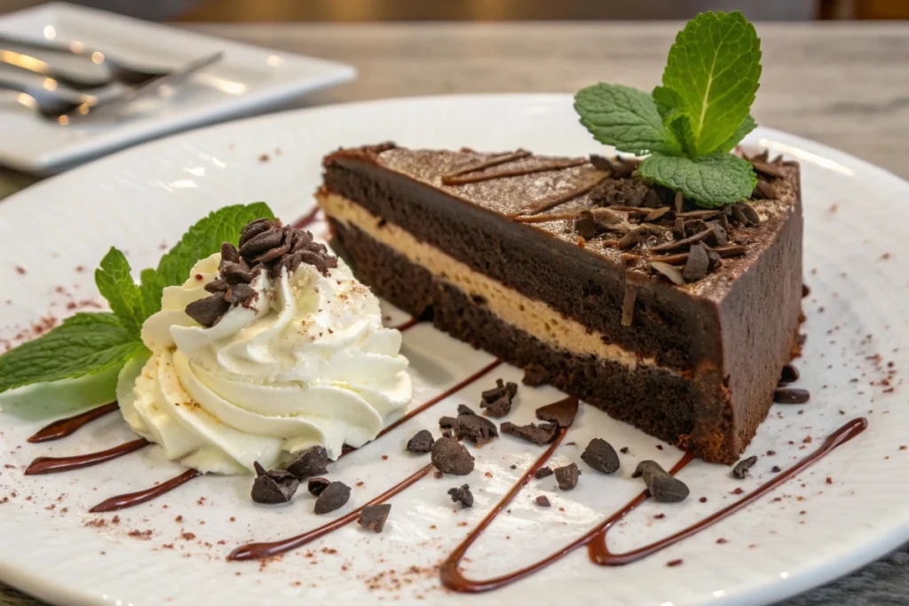 Slice of chocolate cream cheese pound cake with whipped cream.	