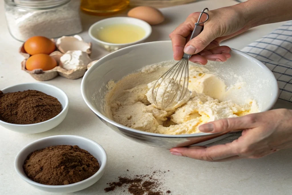 Mixing butter and cream cheese for pound cake batter.	