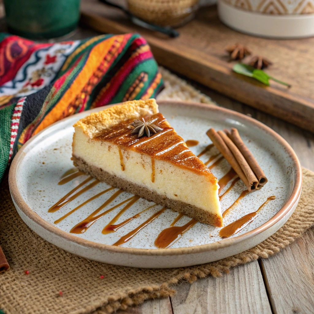 A slice of Mexican cheesecake with caramel and cinnamon.