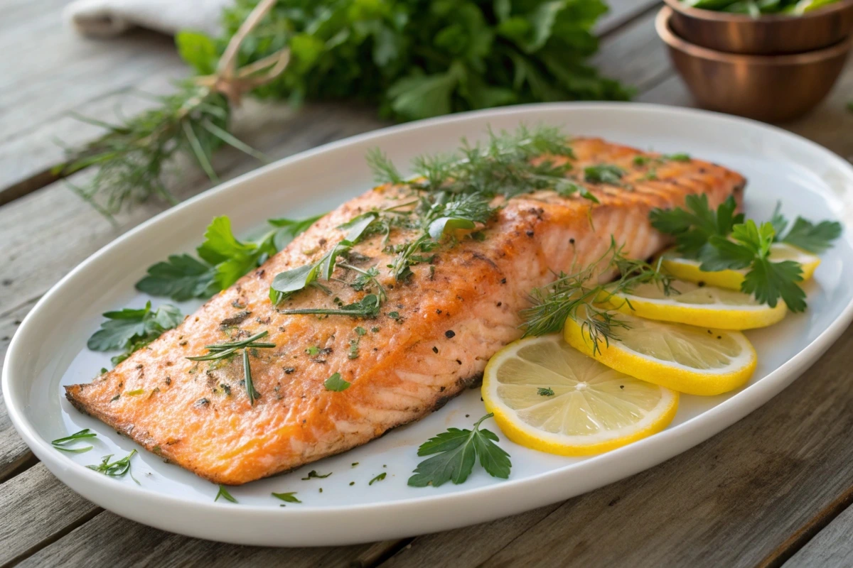 Plated steelhead trout with crispy skin garnished with herbs and lemon.