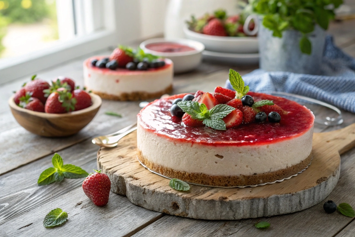 No-bake cheesecake with glossy strawberry gelatin topping.