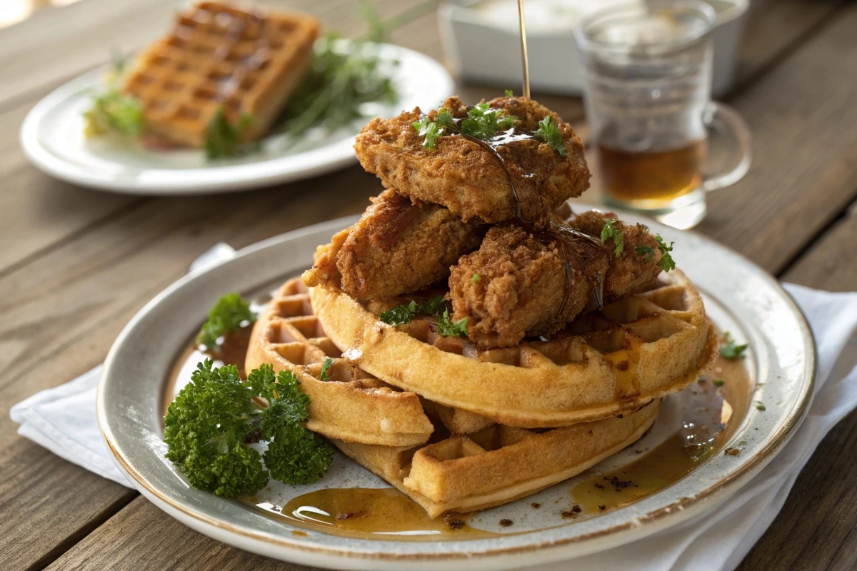 Plate of fried chicken and waffles with syrup and parsley.