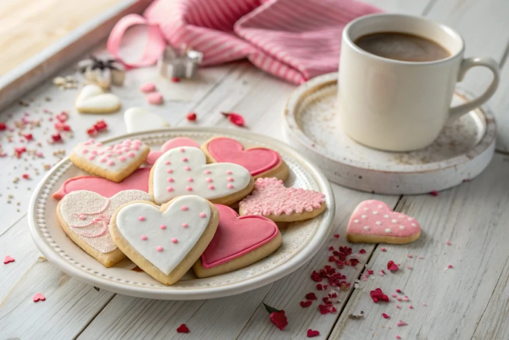 Heart-shaped sugar cookies on a plate with hot cocoa.