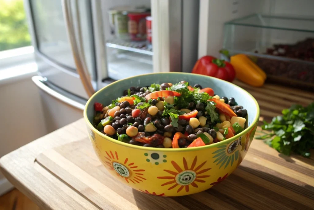 A vibrant bowl of dense bean salad on a wooden table near a refrigerator.