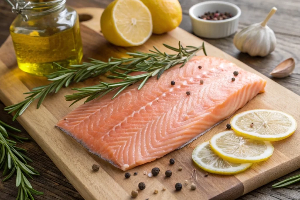 Raw steelhead trout fillet with fresh ingredients.