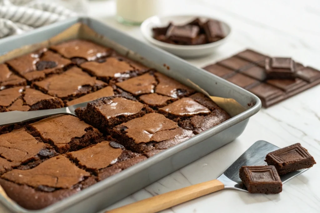 Close-up of a baking tray with fudgy brownies.