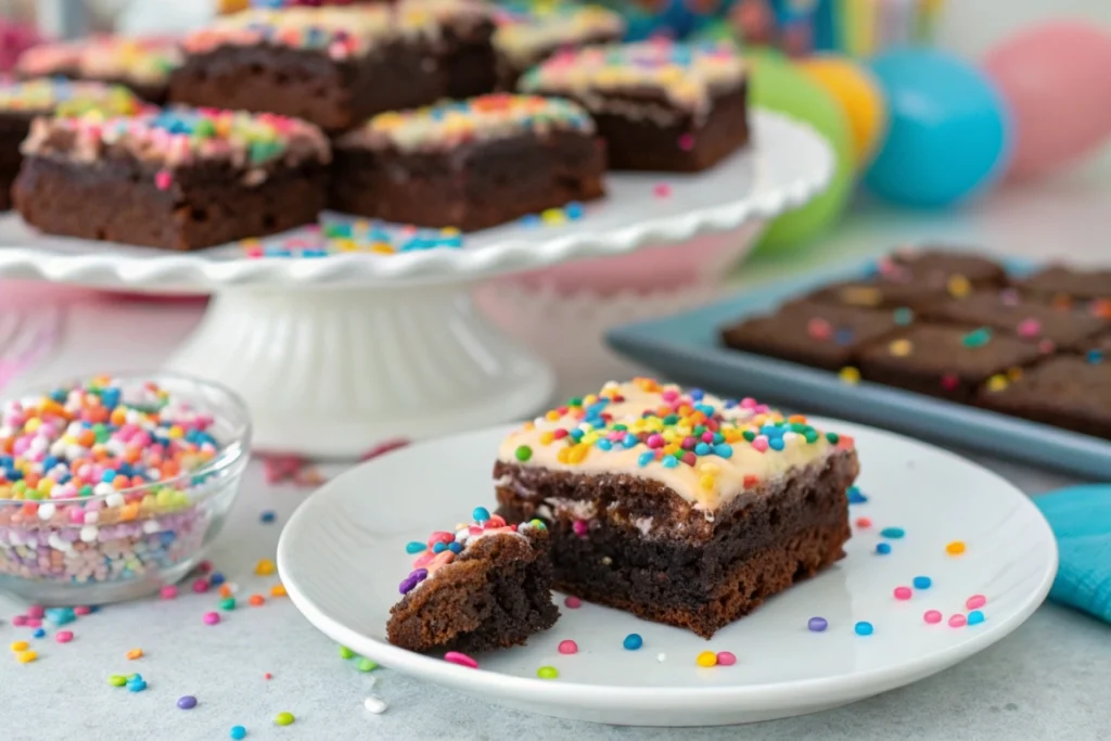 Frosted brownie with sprinkles and a bite taken out