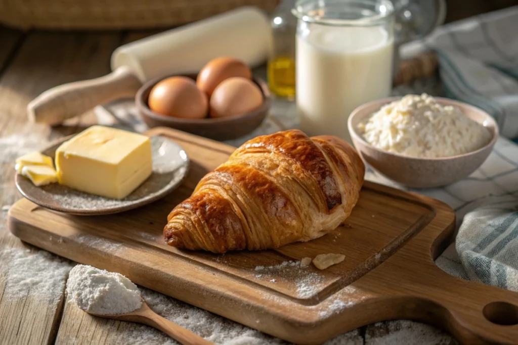 Golden flaky croissant with butter, flour, and eggs on a cutting board.