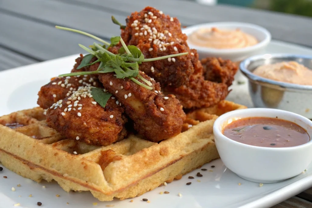 Korean fried chicken on waffles with gochujang aioli.