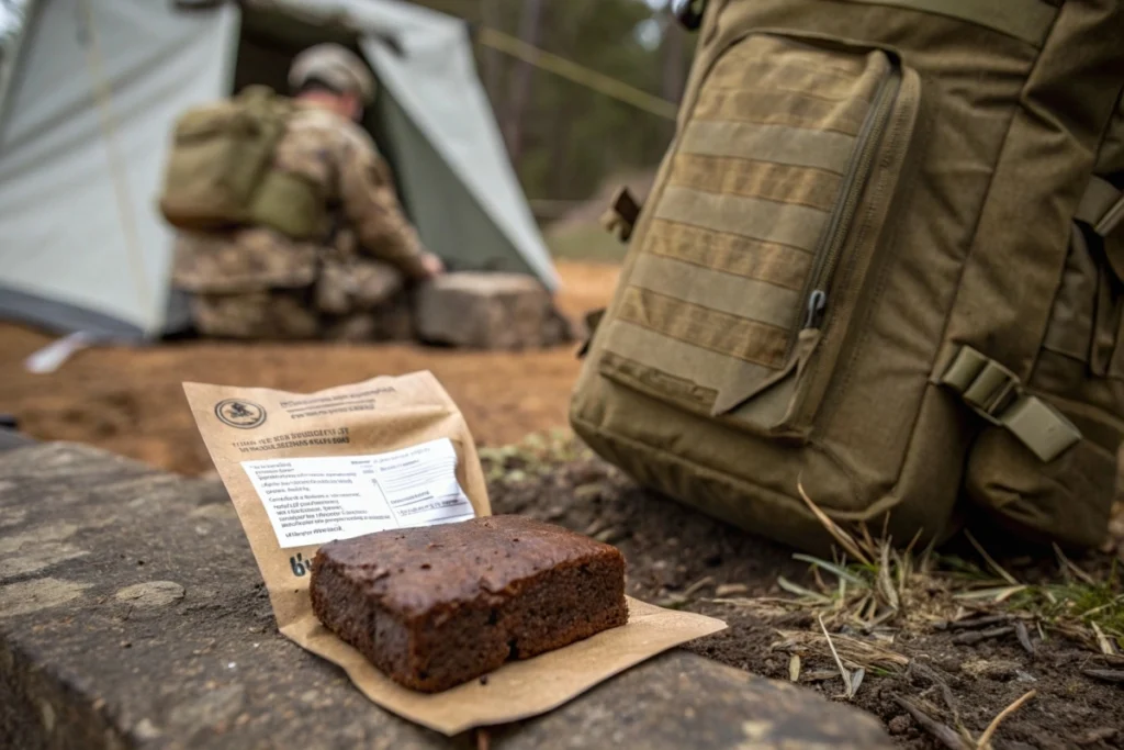 Military brownie with MRE in the field.