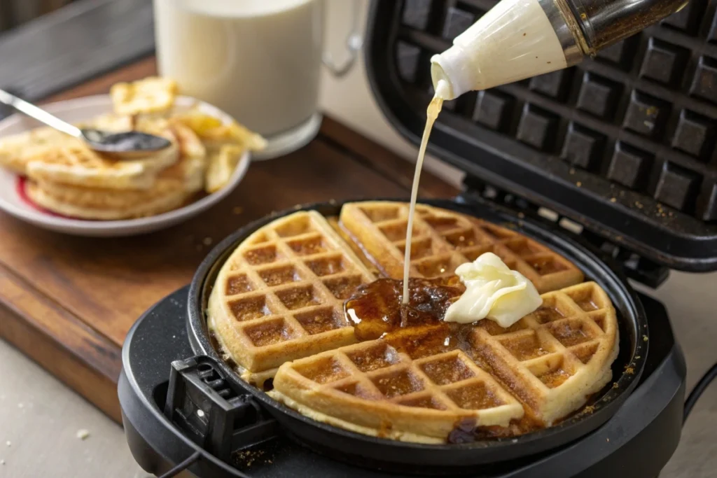 Making fluffy waffles for chicken and waffles.