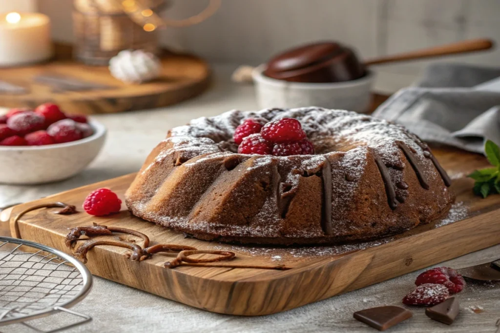 Chocolate cream cheese pound cake with powdered sugar.