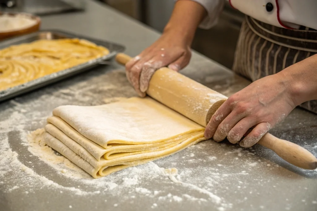 Laminated dough being folded with visible butter layers