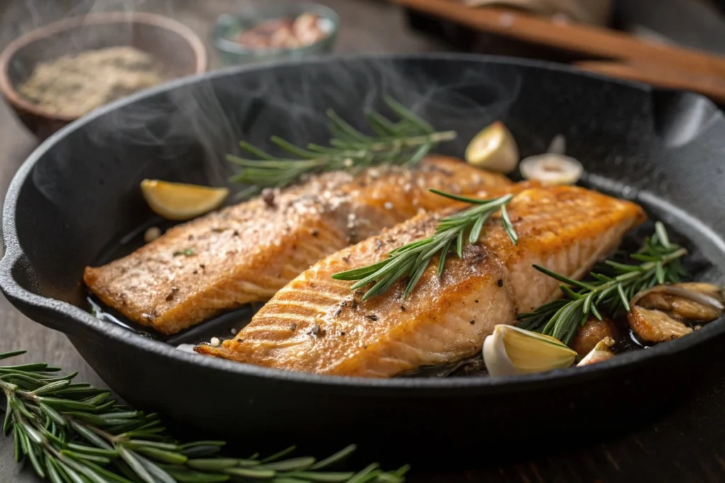 Steelhead trout fillets cooking in a cast iron skillet with crispy skin.