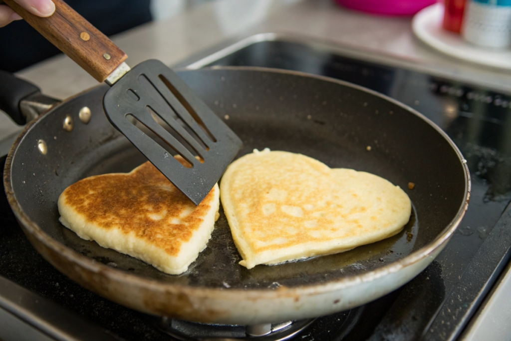 flipping heart-shaped pancakes	