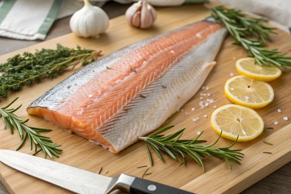 Raw steelhead trout fillet with skin surrounded by cooking ingredients.