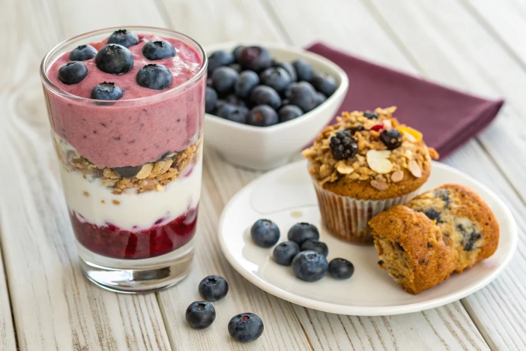 Blueberry smoothie, parfait, and muffin breakfast spread