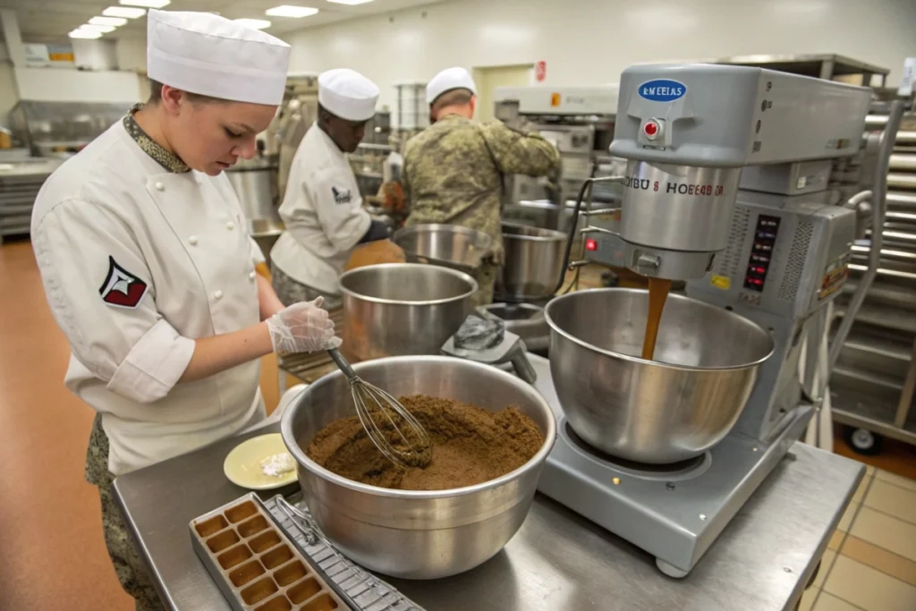 Illustration of military brownie baking process.