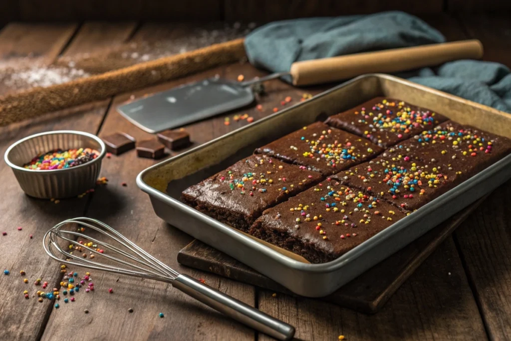 Brownies with colorful sprinkles freshly baked on a wooden table