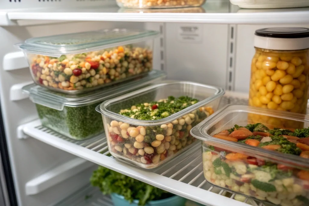 Dense bean salads stored in labeled glass containers on a fridge shelf.