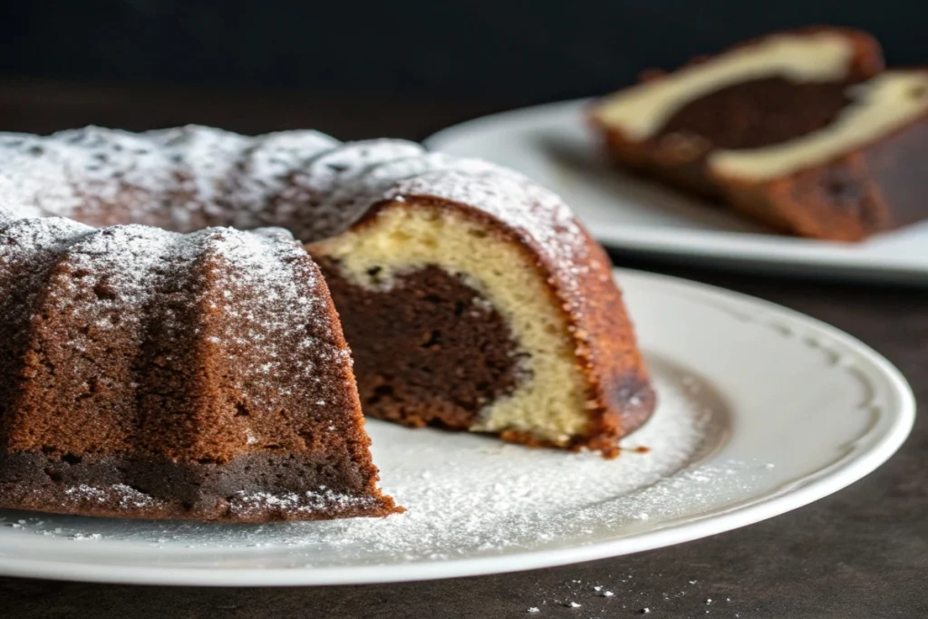 Dusting powdered sugar over a chocolate cream cheese pound cake