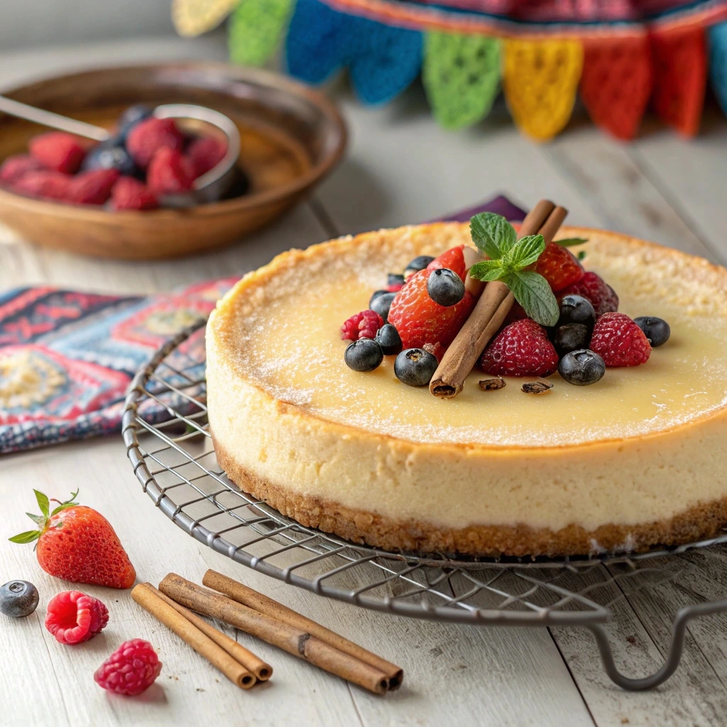 Baked Mexican cheesecake garnished with cinnamon and berries