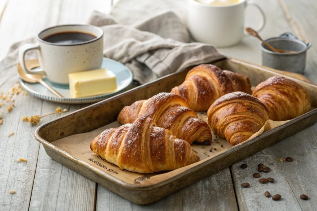 Freshly baked croissants on a wooden table with butter and coffee.