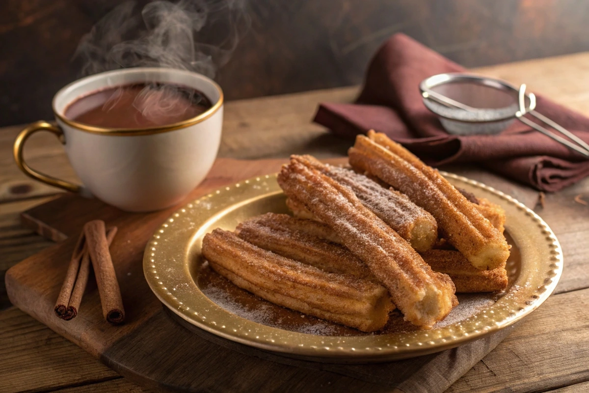 Freshly fried churros with cinnamon sugar and hot chocolate