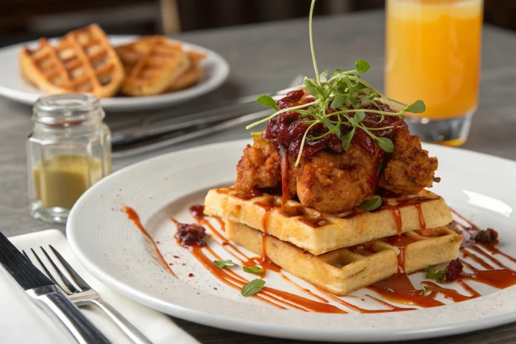 Gourmet chicken and waffles with cheddar and sriracha honey.