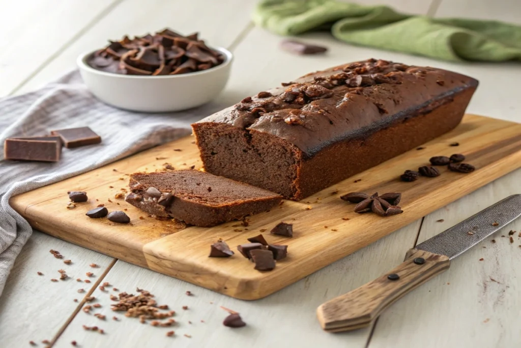 Slice of chocolate cream cheese pound cake served with coffee