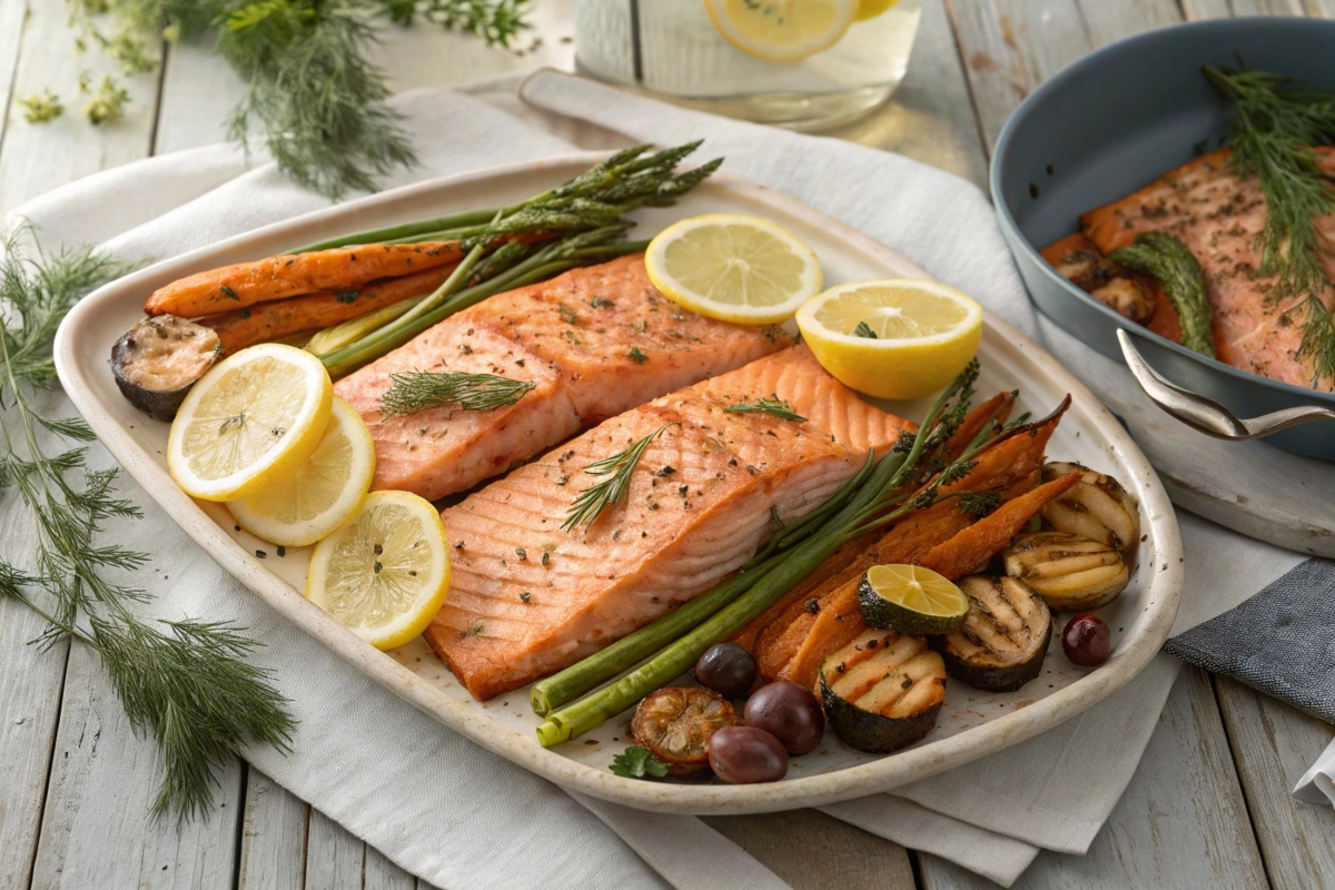 A seafood platter featuring grilled steelhead trout and salmon.