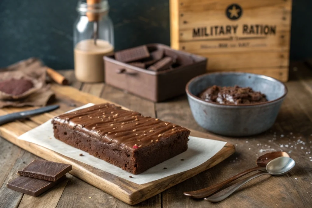 Military-style brownie with chocolate coating