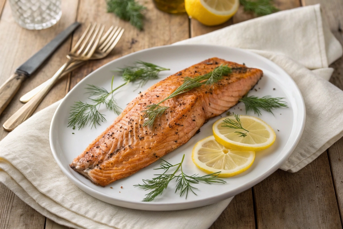 Cooked steelhead trout fillet with dill and lemon.